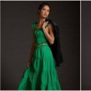 Antrhopologie Maeve Smocked Taffeta Tank In Green  Size 00  NWT 98